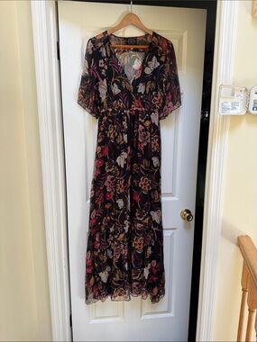 Johnny Was “self-silk” with polyester lining, gold, pink, rose, black bkgrnd